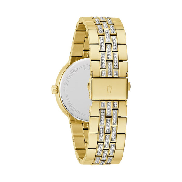 Bulova Crystal Accent Goldtone Watch with 40MM Dial and Cross Pendant Box Set. 98K113