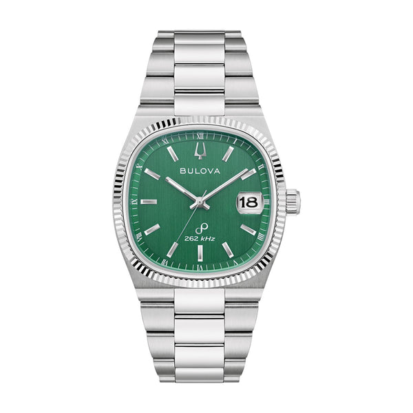 Bulova Super Seville with 38MM Green Cushion Shaped Dial and Stainless Steel Band. 96B439