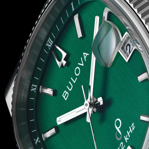 Bulova Super Seville with 38MM Green Cushion Shaped Dial and Stainless Steel Band. 96B439