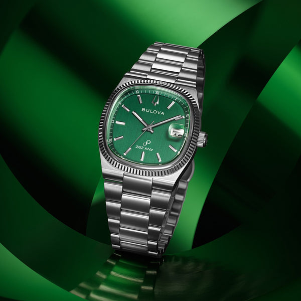 Bulova Super Seville with 38MM Green Cushion Shaped Dial and Stainless Steel Band. 96B439