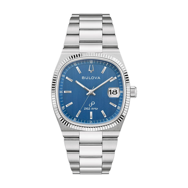 Bulova Super Seville with 38MM Blue Cushion Shaped Dial and Stainless Steel Band. 96B440