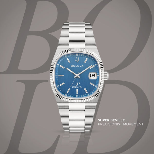 Bulova Super Seville with 38MM Blue Cushion Shaped Dial and Stainless Steel Band. 96B440