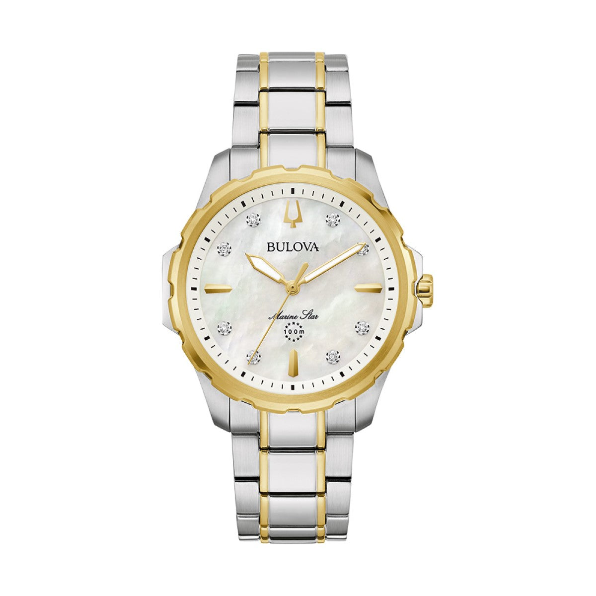 Bulova Marine Star 36MM Mother of Pearl Dial with Goldtone Accents and Stainless Steel Band. 98P227