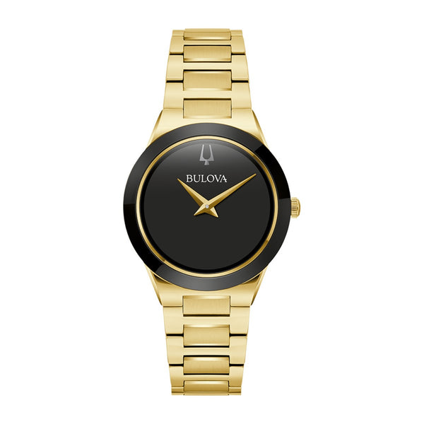 Bulova Millennia 32MM Black Dial with Goldtone Accents and Goldtone Stainless Steel Band. 97L175