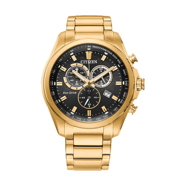 Citizen Chandler 43MM Black Chrono Dial and Goldtone Stainless Steel Watch. AT2132-53E