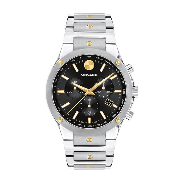 Movado Two-Tone SE Series with 42MM Black Chronograph Dial. 0607972