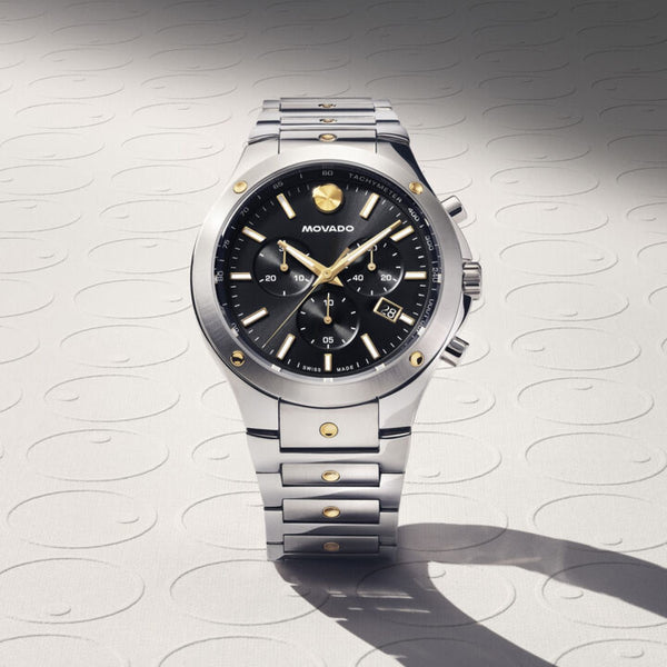 Movado Two-Tone SE Series with 42MM Black Chronograph Dial. 0607972