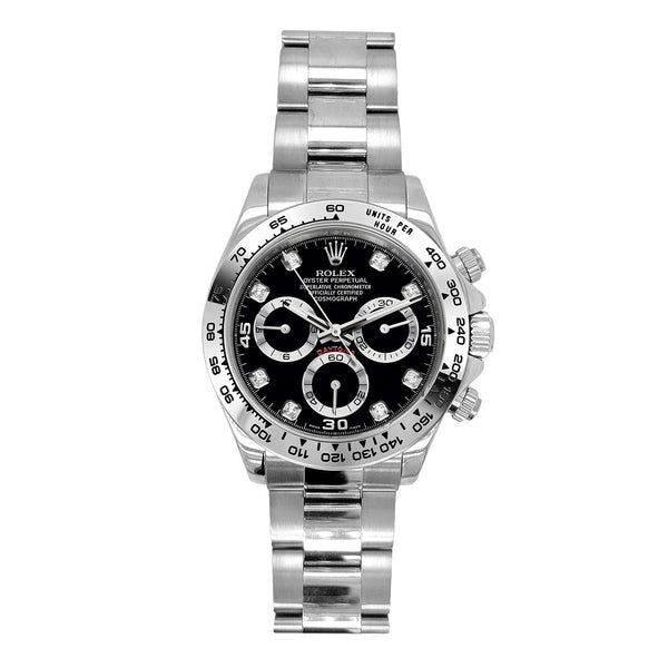 Certified Pre-Owned Rolex 14KT White Gold Daytona with 40MM Diamond Dial. 116509