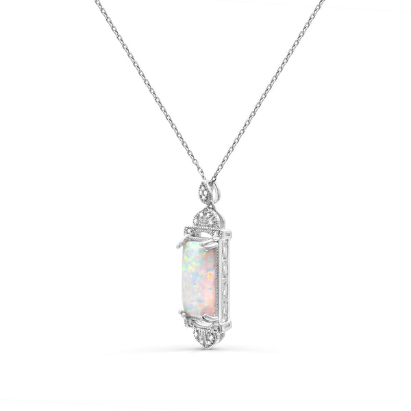 Red Hot Deal 14X7MM Baguette Opal and Diamond Fashion 18-inch Pendant in Sterling Silver