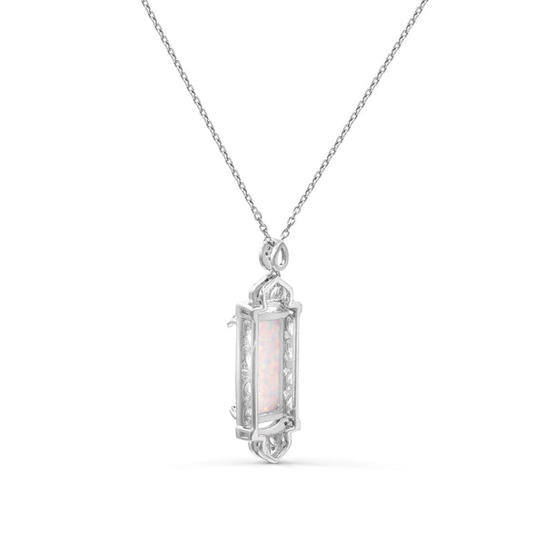 Red Hot Deal 14X7MM Baguette Opal and Diamond Fashion 18-inch Pendant in Sterling Silver