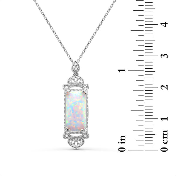 Red Hot Deal 14X7MM Baguette Opal and Diamond Fashion 18-inch Pendant in Sterling Silver