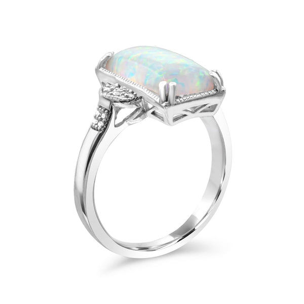 Red Hot Deal 14X7MM Baguette Opal and Diamond Fashion Ring in Sterling Silver