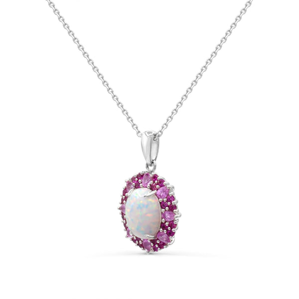 Red Hot Deal 10X8MM Oval Opal and Sapphire Halo 18-inch Pendant in Sterling Silver