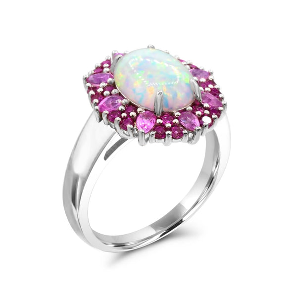 10X8MM Oval Opal and Sapphire Halo Ring in Sterling Silver