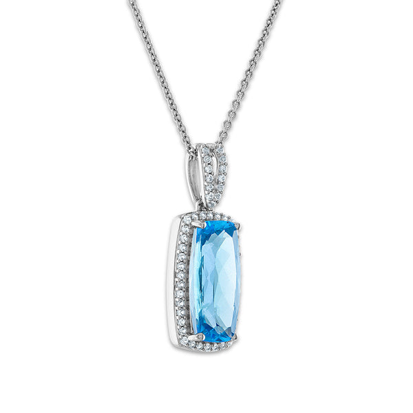 Red Hot Deal 15X7MM Cushion Swiss Blue Topaz and Sapphire Halo 18-inch Pendant in Sterling Silver