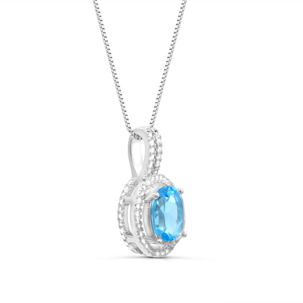 9X7MM Oval Blue Topaz and White Topaz Halo 18-inch Pendant in Sterling Silver