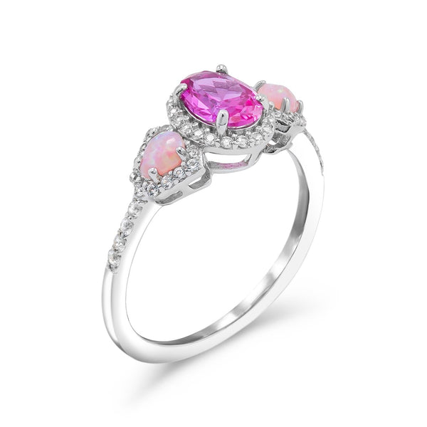 7X5MM Oval Pink Sapphire and Opal Three Stone Ring in Sterling Silver