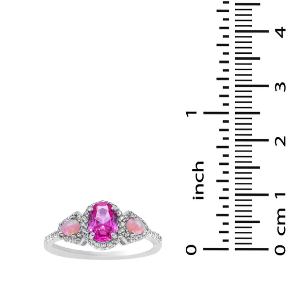 7X5MM Oval Pink Sapphire and Opal Three Stone Ring in Sterling Silver