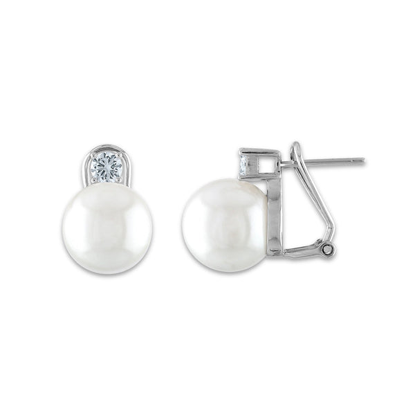 12MM Round Shell Pearl and Cubic Zirconia Earrings in Sterling Silver