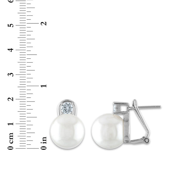 12MM Round Shell Pearl and Cubic Zirconia Earrings in Sterling Silver