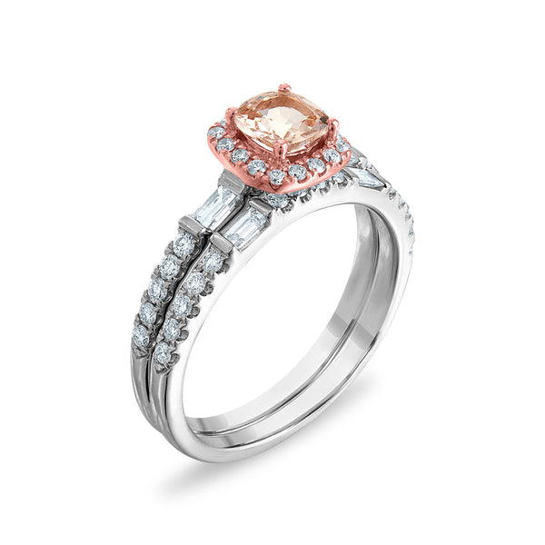 EFFY 5MM Square Morganite and Diamond Halo Bridal Set Ring in 14KT White and Rose Gold