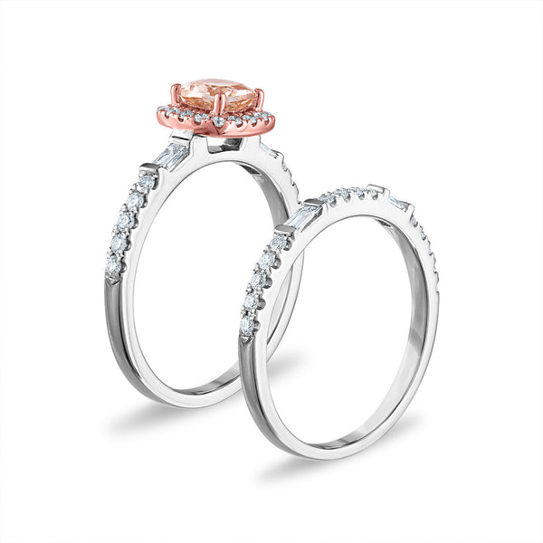 EFFY 5MM Square Morganite and Diamond Halo Bridal Set Ring in 14KT White and Rose Gold