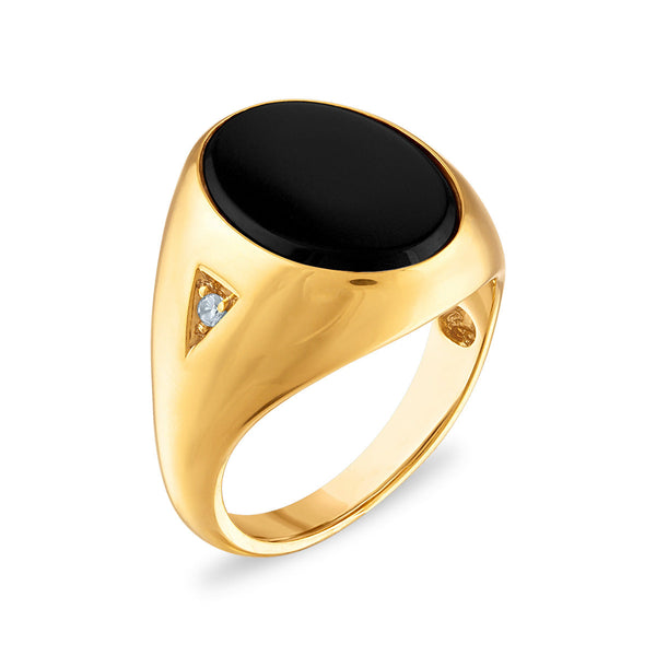 16X12MM Oval Onyx and Diamond Signet Ring in 10KT Yellow Gold