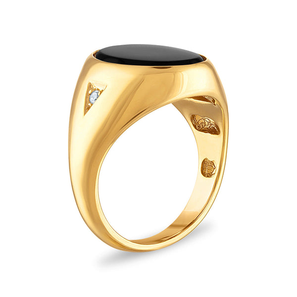 16X12MM Oval Onyx and Diamond Signet Ring in 10KT Yellow Gold