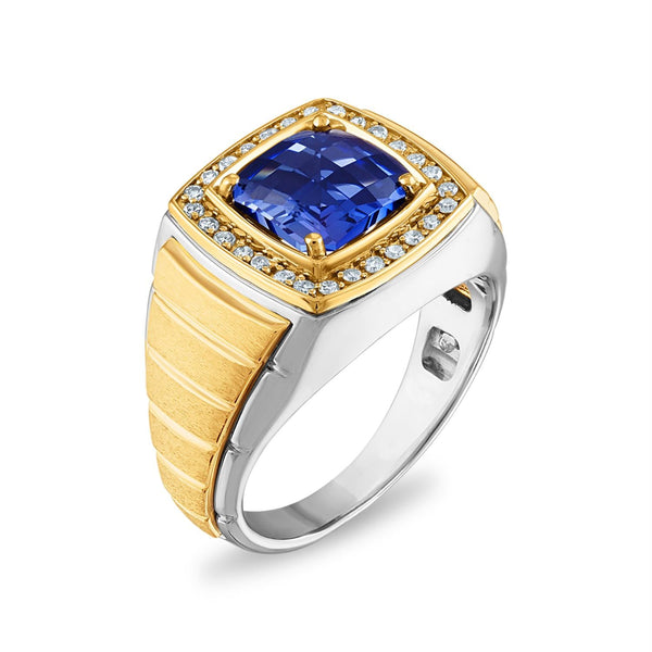 9MM Cushion Blue Sapphire and Diamond Halo Ring in 10KT White and Yellow Gold