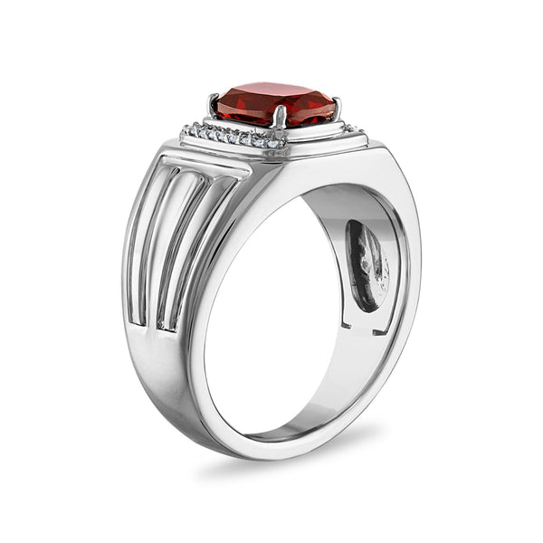 9X7MM Cushion Garnet and Diamond Ring in Rhodium Plated Sterling Silver