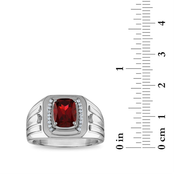 9X7MM Cushion Garnet and Diamond Ring in Rhodium Plated Sterling Silver