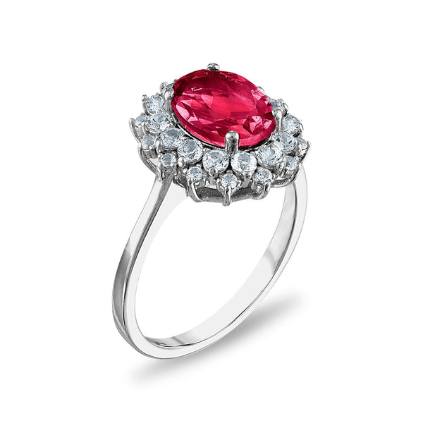 9X7MM Oval Ruby and White Sapphire Halo Ring in Sterling Silver