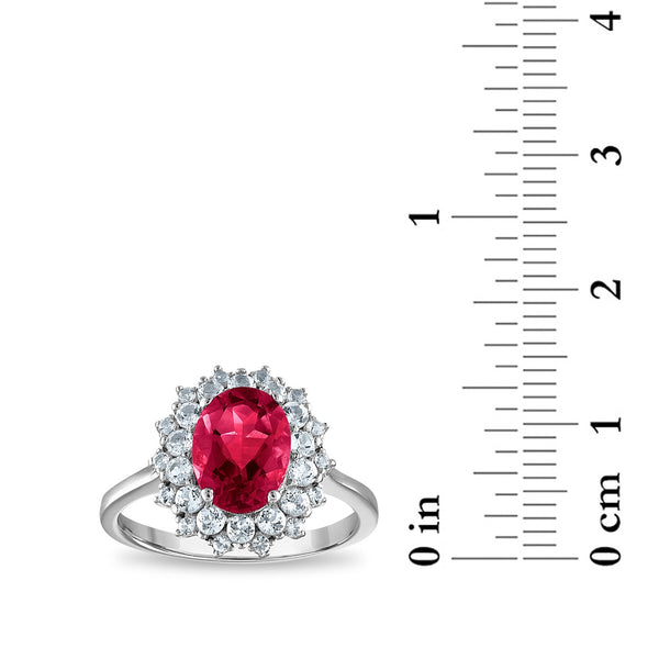 9X7MM Oval Ruby and White Sapphire Halo Ring in Sterling Silver