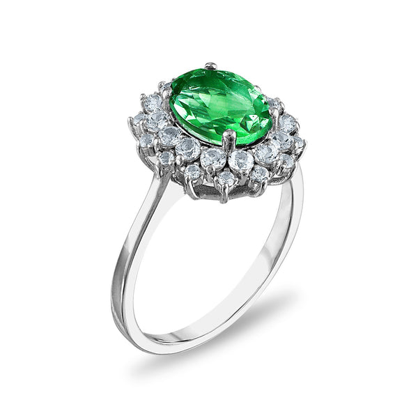 9X7MM Simulated Emerald and White Sapphire Ring in Sterling Silver