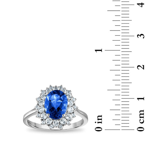 9X7MM Oval Blue Sapphire and White Sapphire Halo Ring in Sterling Silver