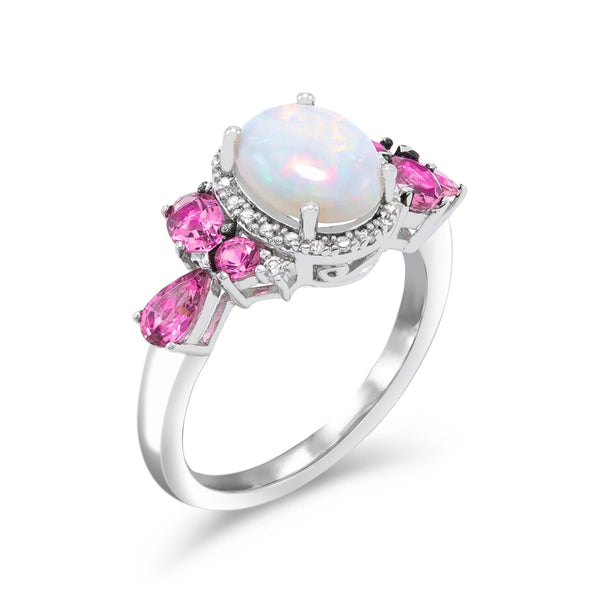 9X7MM Oval Opal and Pink Sapphire Gem Stone Halo Ring in Sterling Silver