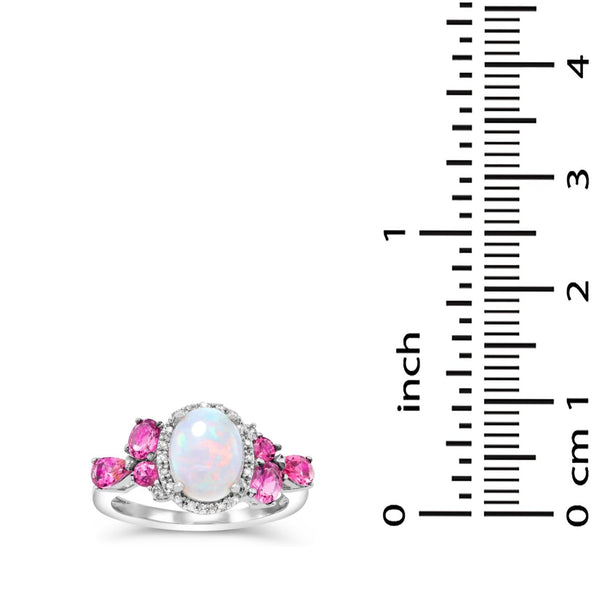 9X7MM Oval Opal and Pink Sapphire Gem Stone Halo Ring in Sterling Silver