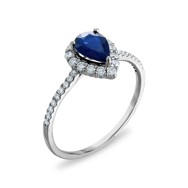 EFFY 7X5MM Pear Blue Sapphire and Diamond Gem Stone Halo Engagement Ring in 14KT White Gold