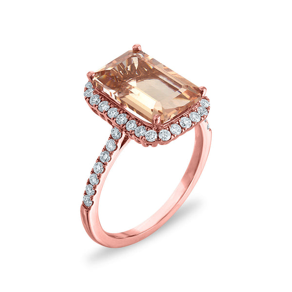 EFFY 12X8MM Emerald Shape Morganite and Diamond Gem Stone Engagement Halo Ring in 14KT Rose Gold