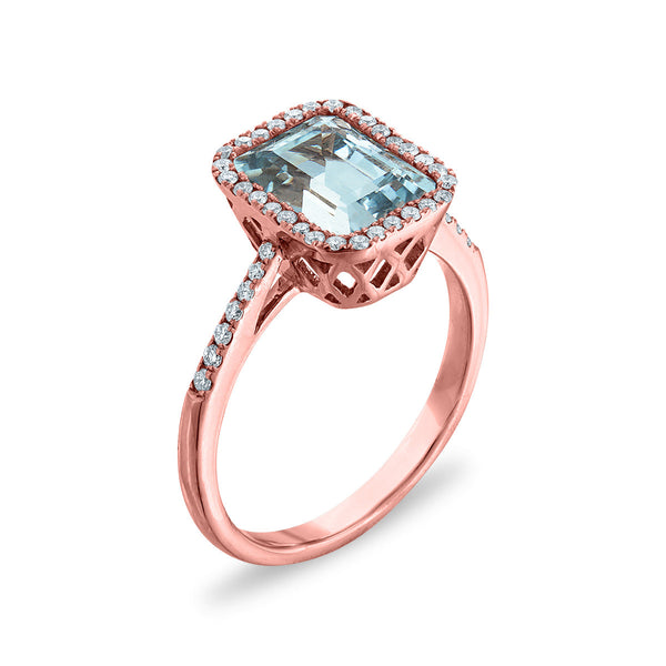 EFFY 9X7MM Emerald Shape Aquamarine and Diamond Halo Engagement Ring in 14KT Rose Gold