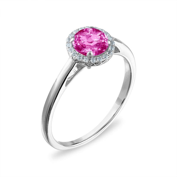 6MM Round Pink Sapphire and White Sapphire Birthstone Halo Ring in Sterling Silver