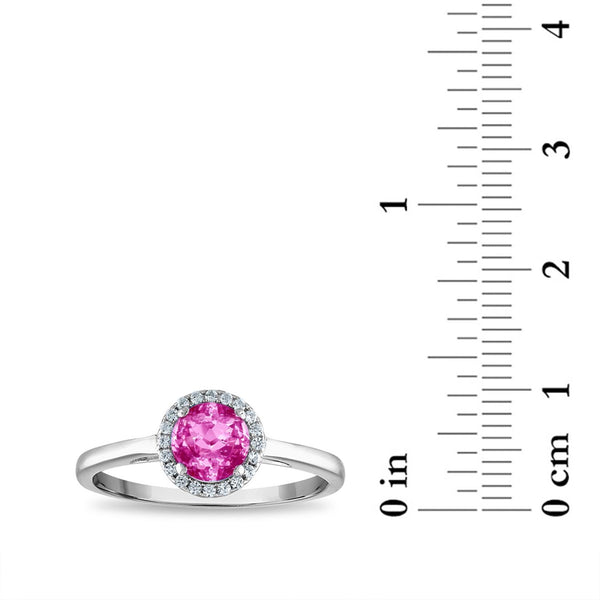 6MM Round Pink Sapphire and White Sapphire Birthstone Halo Ring in Sterling Silver