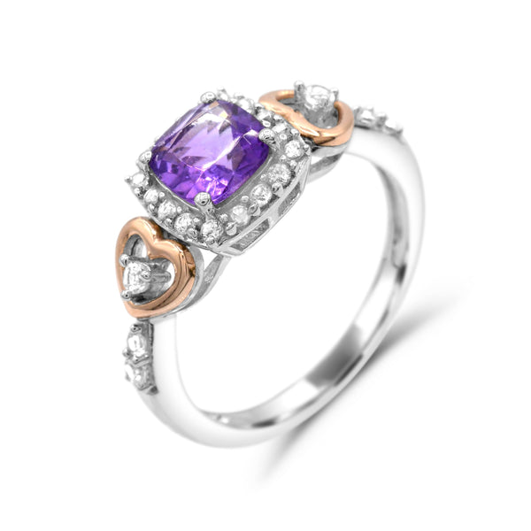 6MM Cushion Amethyst and White Sapphire Heart Eternal Romance Ring in Sterling Silver