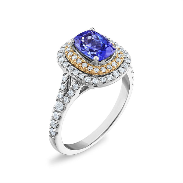 8X6MM Cushion Tanzanite and Diamond Halo Ring in 10KT White and Rose Gold