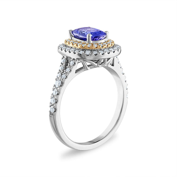 8X6MM Cushion Tanzanite and Diamond Halo Ring in 10KT White and Rose Gold