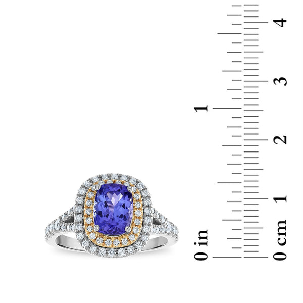 8X6MM Cushion Tanzanite and Diamond Halo Ring in 10KT White and Rose Gold