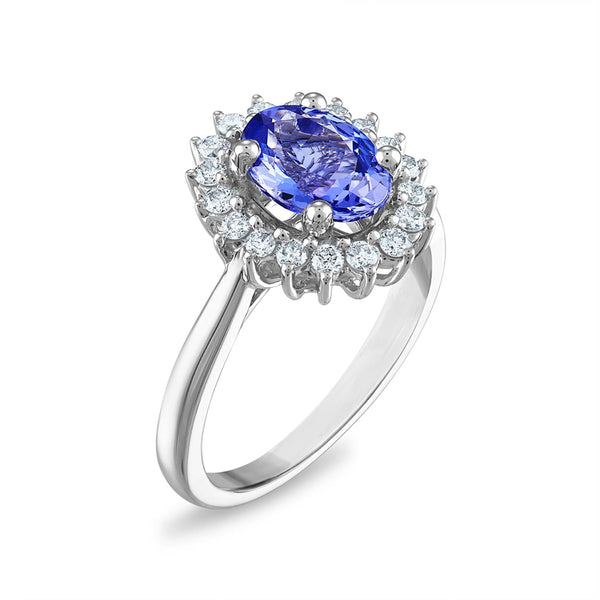 9X7MM Oval Tanzanite and Diamond Halo Oval Ring in 10KT White Gold