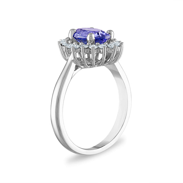 9X7MM Oval Tanzanite and Diamond Halo Oval Ring in 10KT White Gold