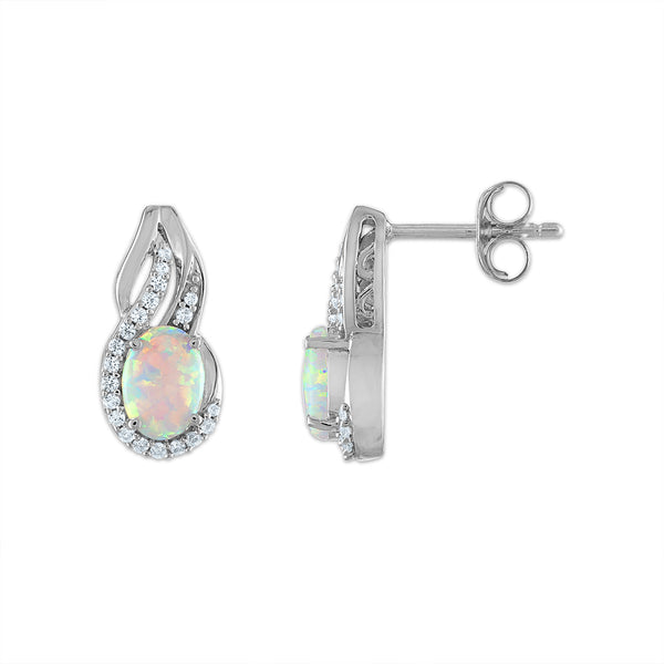 Opal and White Sapphire Halo Ring Pendant Earrings Set In Sterling Silver