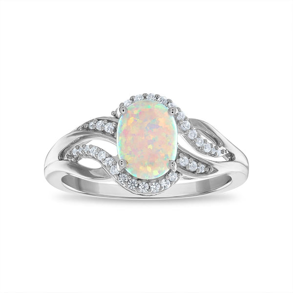 Opal and White Sapphire Halo Ring Pendant Earrings Set In Sterling Silver